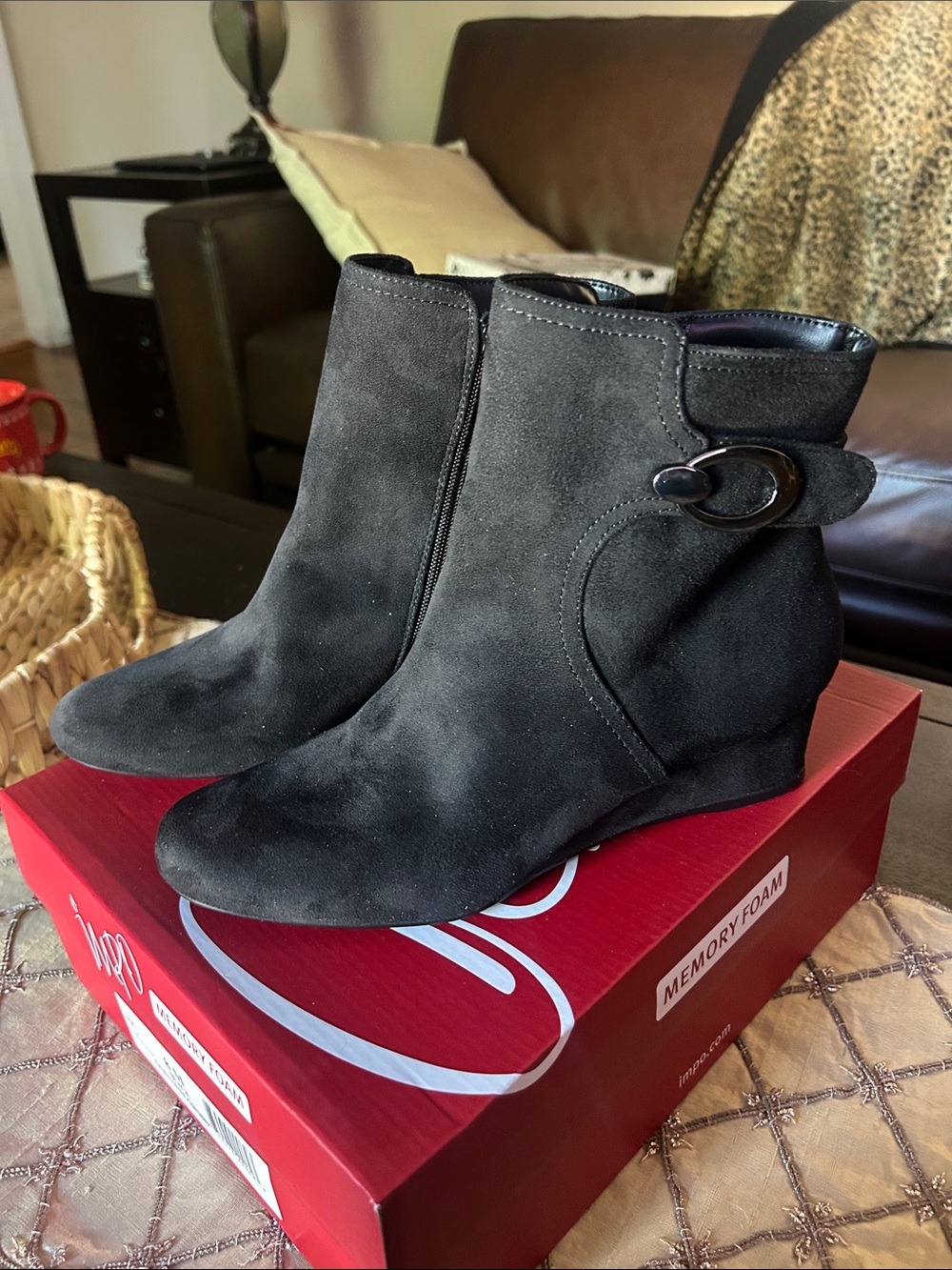 Impo Black Suede Wedge Ankle Boots with Buckle Detail